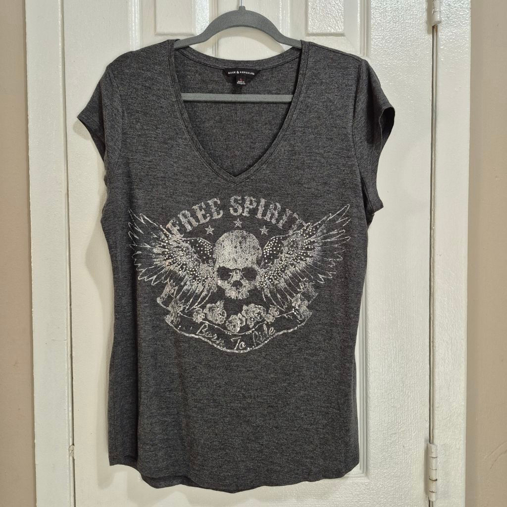 Women's Rock & Republic Gray Short Sleeve Tee with Skull Graphic, Size L